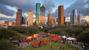 "Downtown Houston skyline at dusk reflecting golden light, with Discovery Green park adorned with red Lunar New Year lanterns and festival tents, a mix of weather with sunset clouds, and multicultural events including crawfish festivals and lunar new year performances in progress."