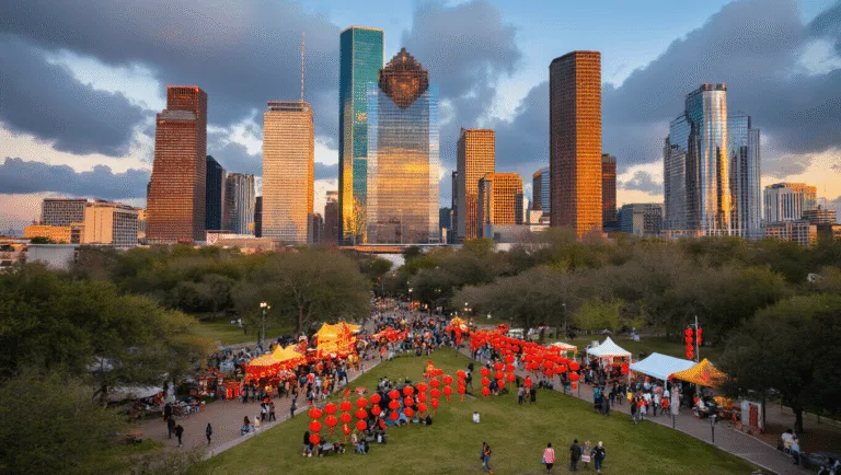 "Downtown Houston skyline at dusk reflecting golden light, with Discovery Green park adorned with red Lunar New Year lanterns and festival tents, a mix of weather with sunset clouds, and multicultural events including crawfish festivals and lunar new year performances in progress."