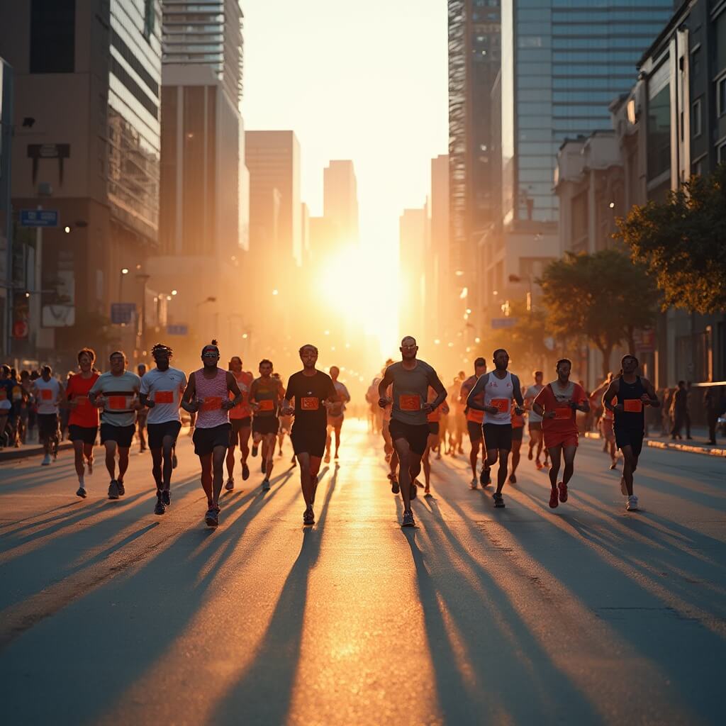 Diverse group of athletes in bright running gear crossing a downtown street during Houston marathon at sunrise, with modern skyline silhouettes in the misty morning light
