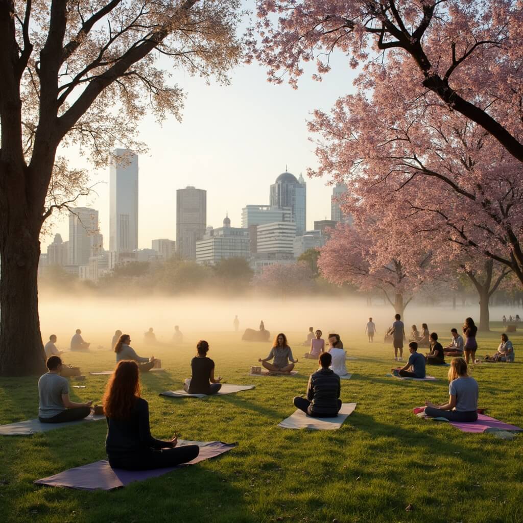 Yoga practitioners and meditation groups at Discovery Green park in downtown Houston, facing the sunrise with the city's skyline in the background and cherry blossom trees in early bloom around them