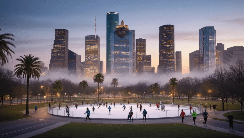 "Winter cityscape of Houston at dusk featuring ice skaters at Discovery Green and marathon runners on streets, with glowing skyline, palm trees, modern architecture, light fog, and soft pastel lighting in background."