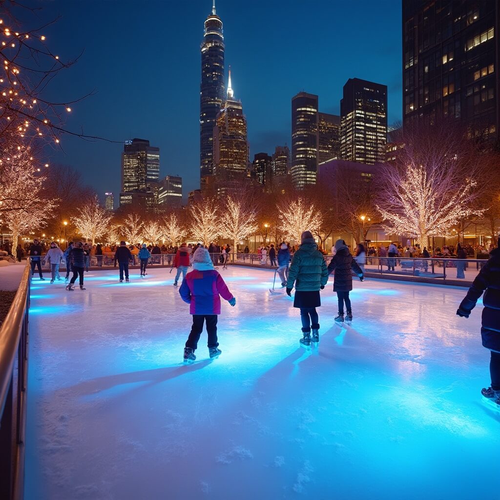 People ice skating at vibrant Discovery Green outdoor rink in Houston, modern city skyline and sparkling lights in the background, soft winter evening light illuminating their colorful jackets.