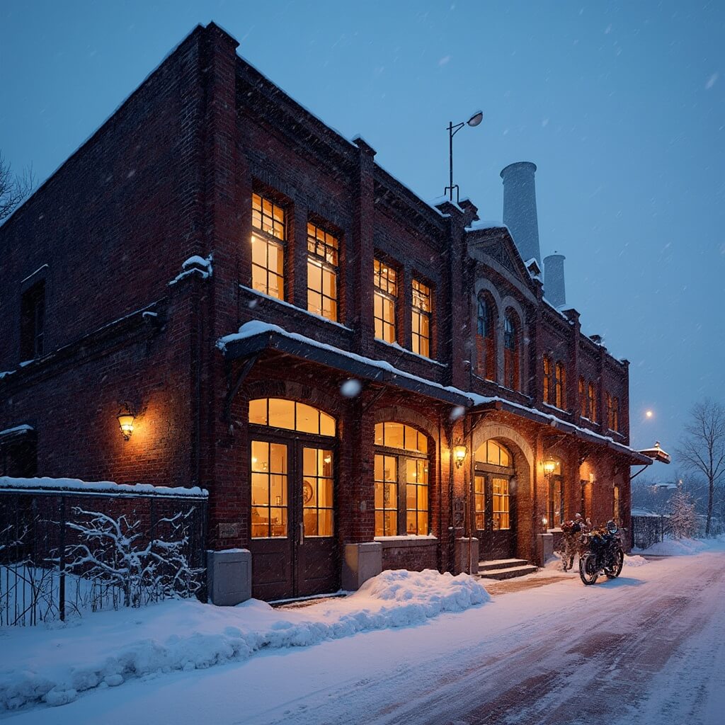 Twilight exterior view of The Iron House Hotel, a restored industrial brick building with glowing factory-style windows, surrounded by fresh snow under a transitioning winter sky