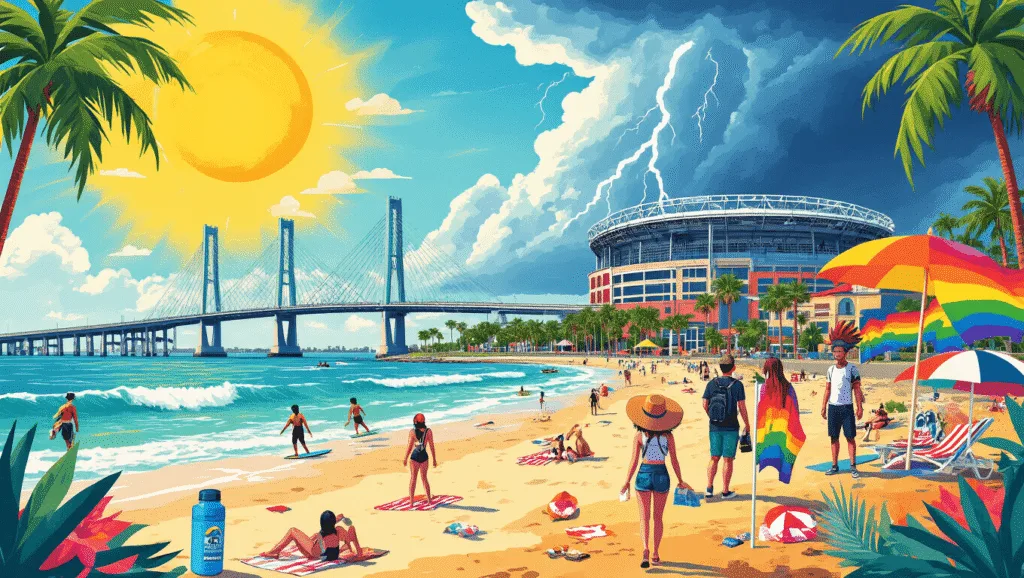 "Colorful collage of Jacksonville's August highlights featuring a sun-soaked beach with surfers, Jacksonville Jaguars stadium, Pride flags, anime cosplayers, thunderstorm backdrop, landmarks like the Main Street Bridge and Jacksonville Zoo, set in bright summer colors with details like a water bottle, sunscreen, and a hat."