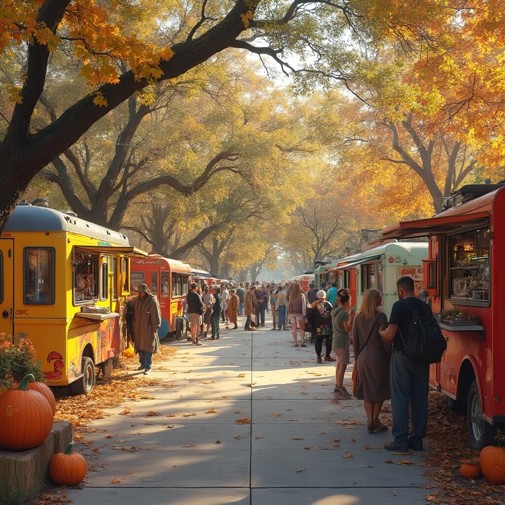 Vibrant autumn food festival in Jacksonville with colorful food trucks and stalls serving seasonal dishes, people enjoying craft beers and Thanksgiving appetizers, park decorated with pumpkins under trees with fall foliage, and warm golden sunlight peeking through.