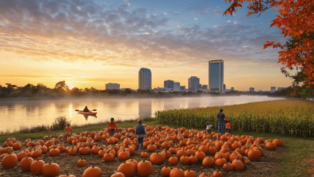 "Autumn scene in Jacksonville, Florida with St. Johns River, kayaker, pumpkin patch, corn maze, city skyline featuring EverBank Stadium, and Halloween decorations framed by colorful fall foliage."