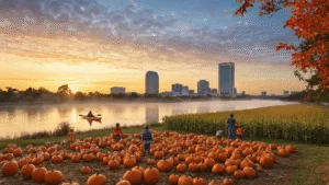 "Autumn scene in Jacksonville, Florida with St. Johns River, kayaker, pumpkin patch, corn maze, city skyline featuring EverBank Stadium, and Halloween decorations framed by colorful fall foliage."