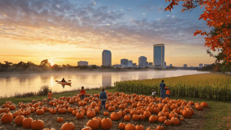 Unlock Jacksonville's October Magic: Your Ultimate Fall Escape Guide "Autumn scene in Jacksonville, Florida with St. Johns River, kayaker, pumpkin patch, corn maze, city skyline featuring EverBank Stadium, and Halloween decorations framed by colorful fall foliage."
