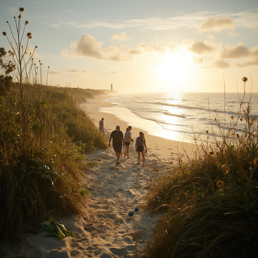 Volunteers cleaning a serene beach at sunrise in Jacksonville, framed by coastal vegetation and a distant lighthouse