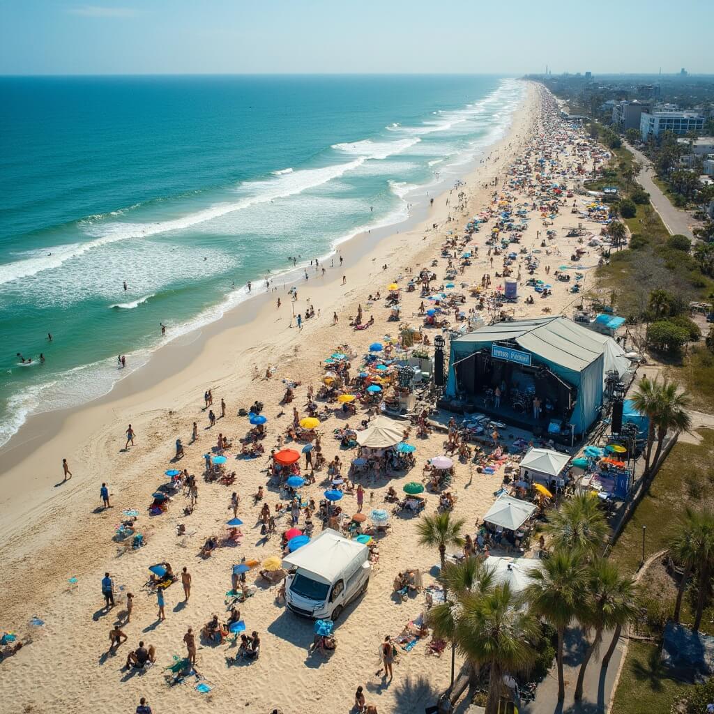 Aerial view of Jacksonville Beach during Florida Fin Fest, featuring a large stage with musicians, eco-friendly booths, beachgoers, colorful umbrellas, surfers, and palm trees along the vibrant blue ocean.
