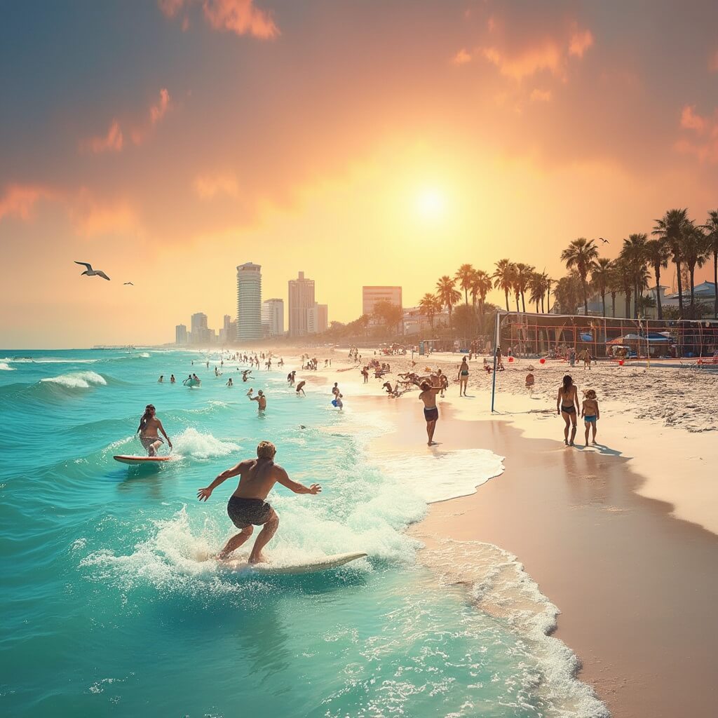 Surfers riding waves and people playing volleyball on Jacksonville Beach at sunset, with palm trees, seagulls, and the city skyline in the background