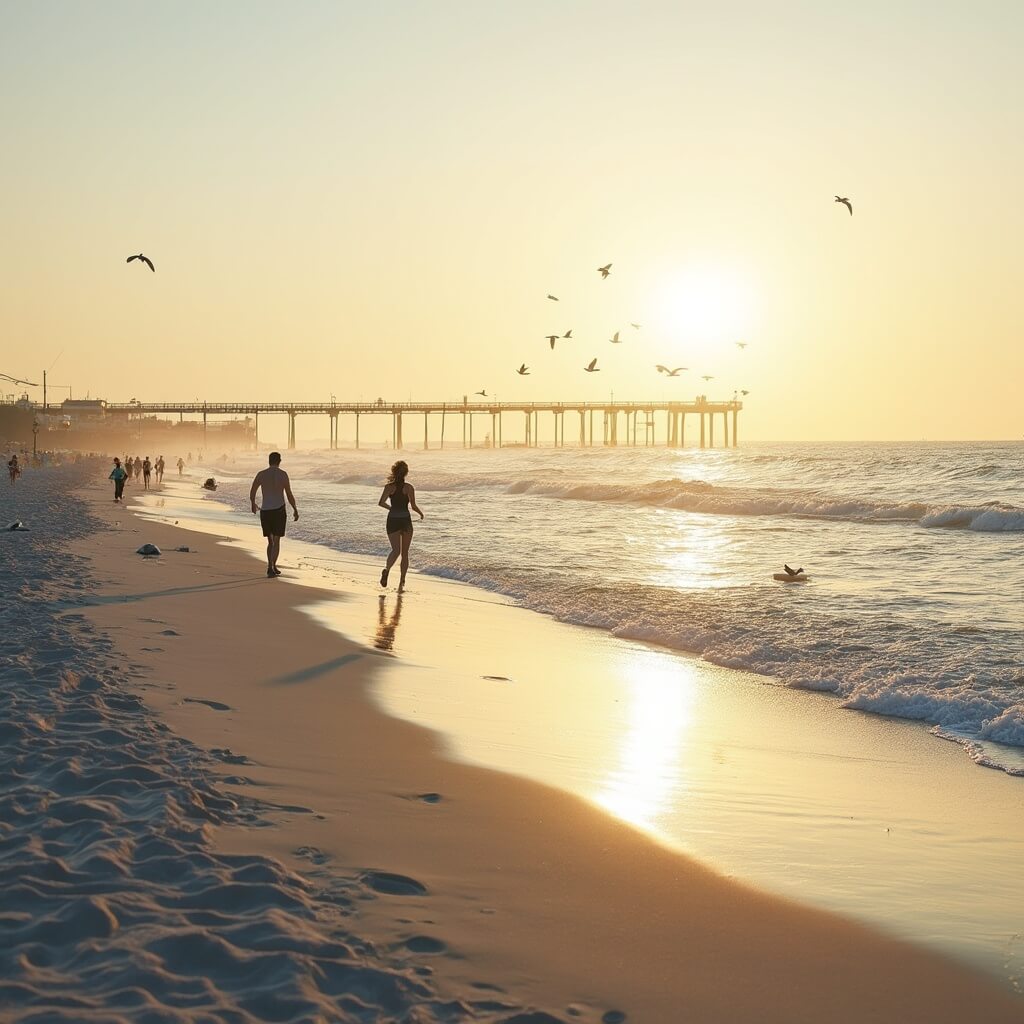 Early morning view of Jacksonville Beach in May, featuring early risers doing yoga, jogging, and paddleboarding with the Jacksonville Beach Pier in the distance.