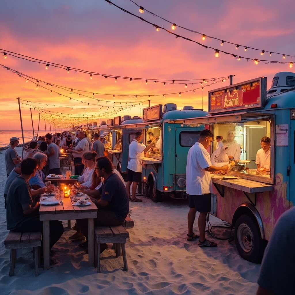Food trucks and chefs at an outdoor seafood festival on Jacksonville Beach at sunset, with patrons enjoying their meals against a backdrop of the orange-pink sky and gentle waves, under string lights.