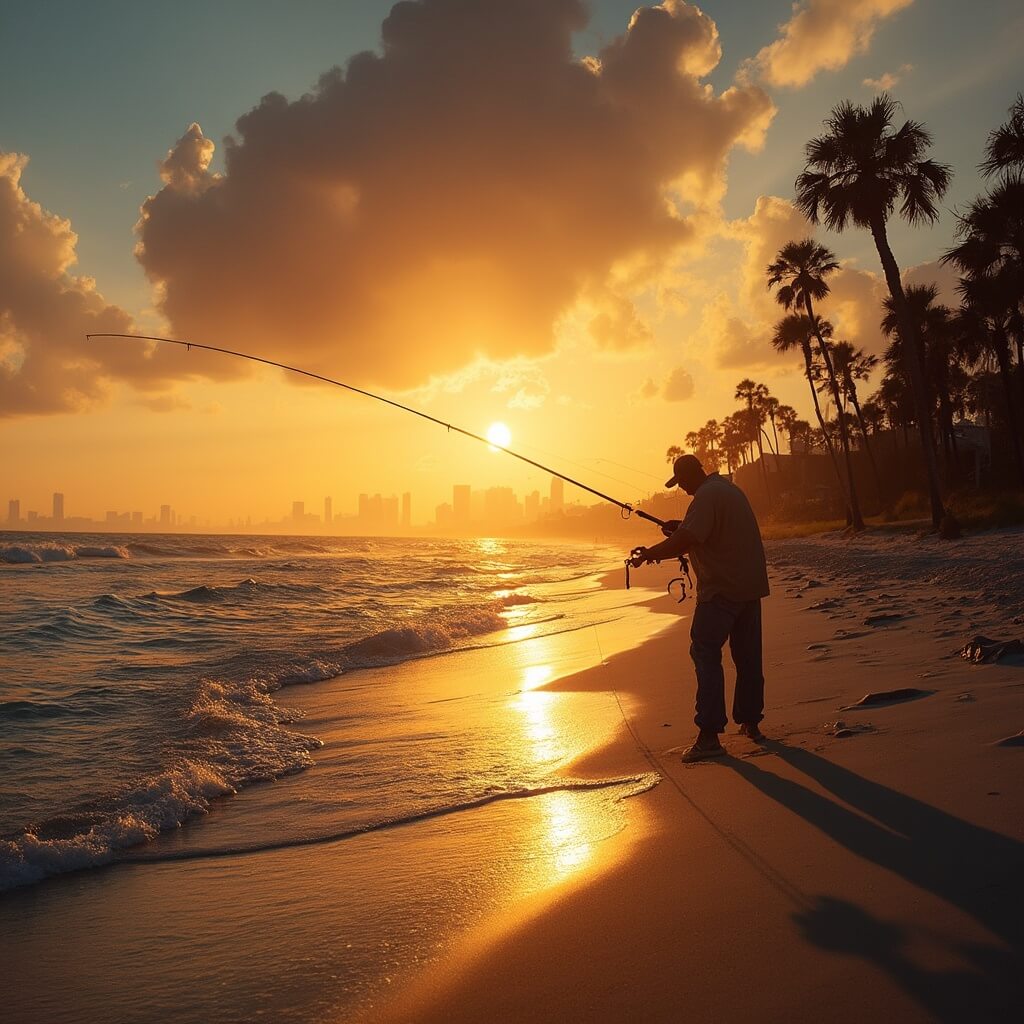 Fisherman casting line at Jacksonville Beach during sunset with skyline in the distance