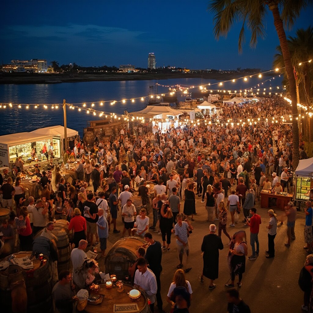 Crowd at Jacksonville Brewing Alliance Beer Fest during night with string lights, beer barrels, food trucks, a local band, and shimmering St. Johns River in the background.