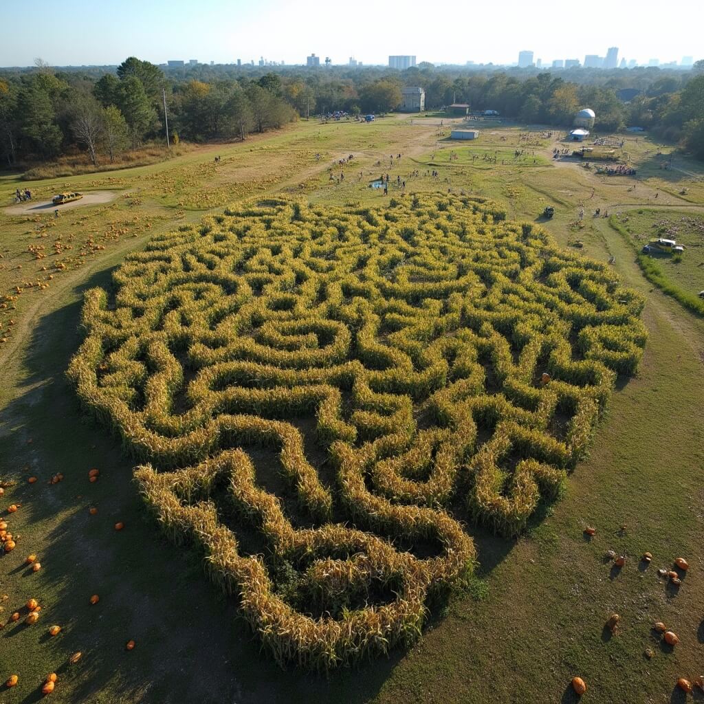Aerial view of intricate corn maze at Conner's A-Maize-ing Acres in Jacksonville, dotted with families and surrounded by pumpkin patches, with Jacksonville skyline in the distance
