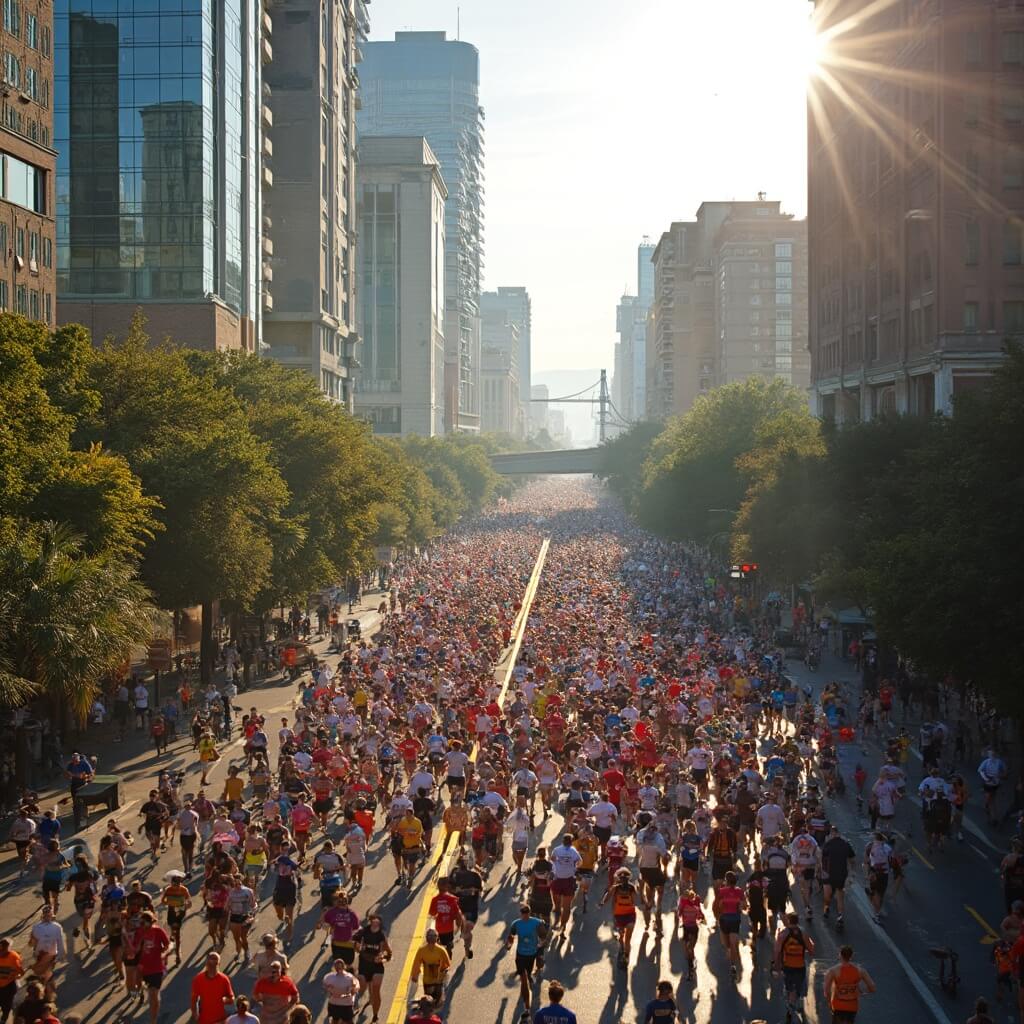 Thousands of diverse runners participating in the Gate River Run in downtown Jacksonville, with city landmarks and architecture in the morning sunlight as the backdrop.