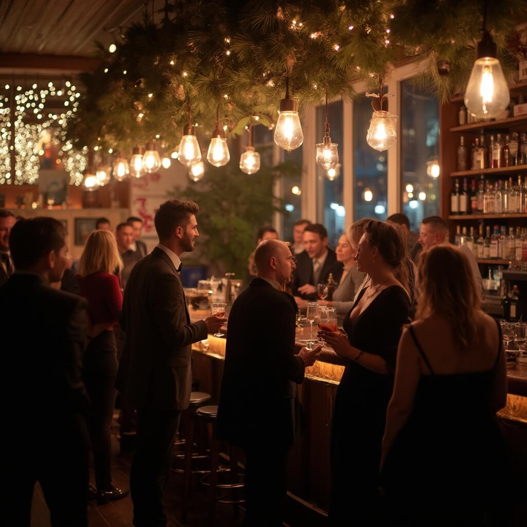 Downtown Jacksonville's craft cocktail bar, elegantly decorated for holidays, adults mingling and jazz band playing