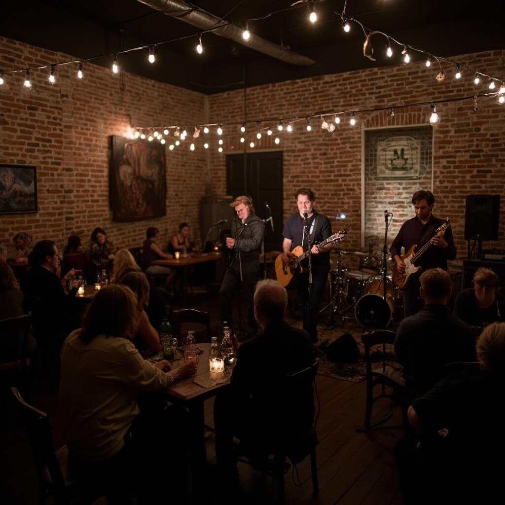 Indie folk band performing on a small stage in a dimly lit Jacksonville venue with local artwork on exposed brick walls, audience sitting at small tables with drinks, and fairy lights across the ceiling for ambience.