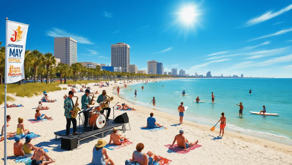 "Vibrant beach scene in Jacksonville with a jazz band performing, people playing volleyball and paddleboarding, Jacksonville cityscape in the distance, and Jacksonville Jazz Festival banner fluttering."