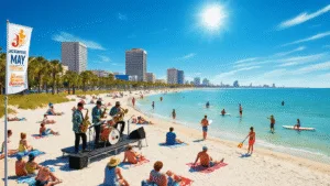 "Vibrant beach scene in Jacksonville with a jazz band performing, people playing volleyball and paddleboarding, Jacksonville cityscape in the distance, and Jacksonville Jazz Festival banner fluttering."
