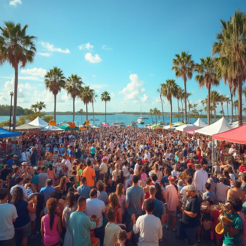 Diverse crowd at Jacksonville Jazz Festival with musicians, colorful tents, food vendors, palm trees, and the St. Johns River in the background