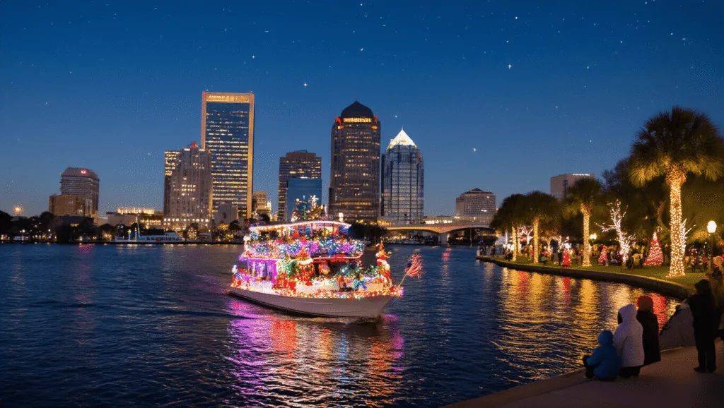 "Festive scene of Jacksonville's St. Johns River during the Light Boat Parade with a decorated boat, illuminated city skyline, and spectators on shore."