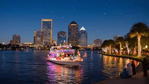 "Festive scene of Jacksonville's St. Johns River during the Light Boat Parade with a decorated boat, illuminated city skyline, and spectators on shore."