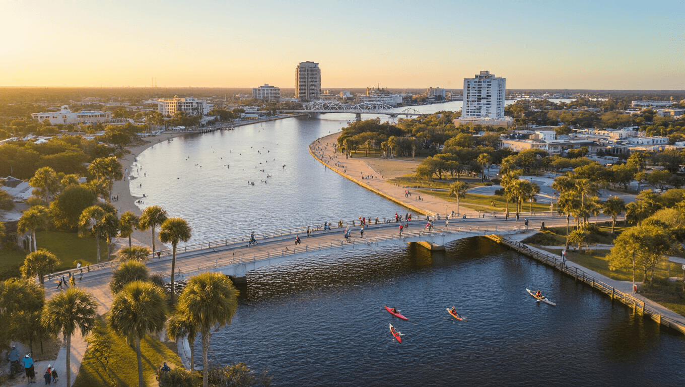 "Aerial view of Jacksonville cityscape at golden hour with St. Johns River, people kayaking, DONNA Marathon runners on bridge, and beach-goers in the distance under a clear February sky."