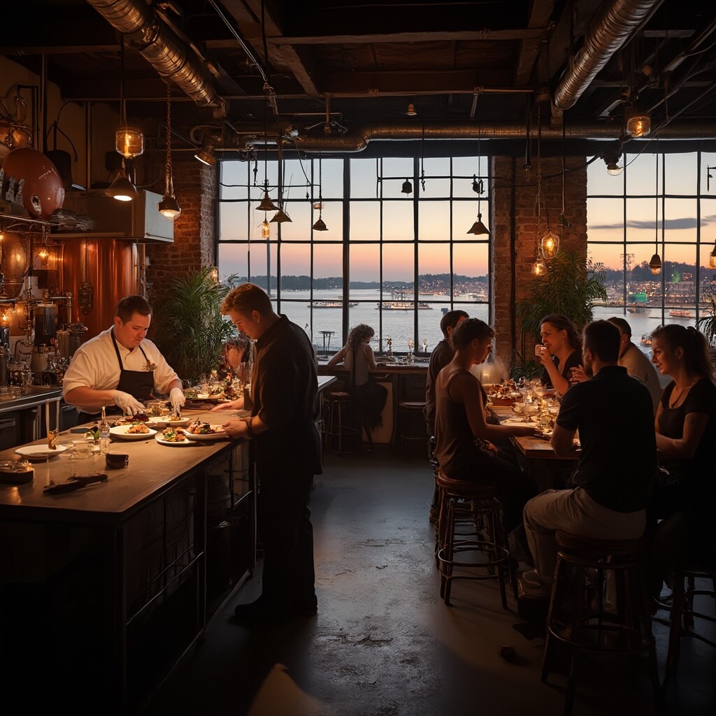 Dimly lit microbrewery kitchen in Jacksonville with industrial-chic design, chef preparing a dish on the counter, patrons at high-top tables with craft beer samples, and a twilight view of St. Johns River with city lights in the distance.