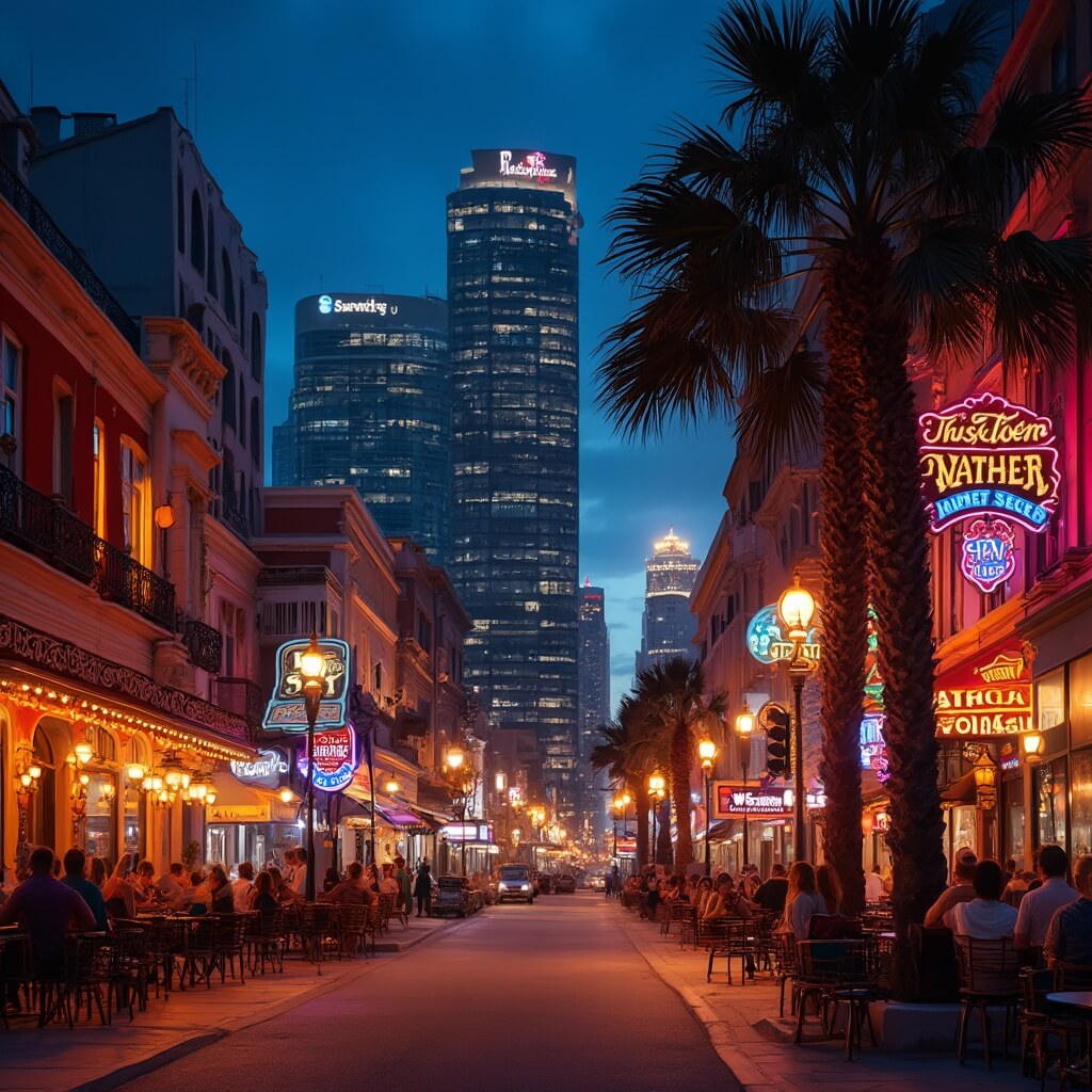 Downtown Jacksonville vibrant night scene, featuring illuminated skyscrapers, bustling streets with neon club signs, and a local craft brewery patio with patrons enjoying beer, Riverside neighborhood in the background.