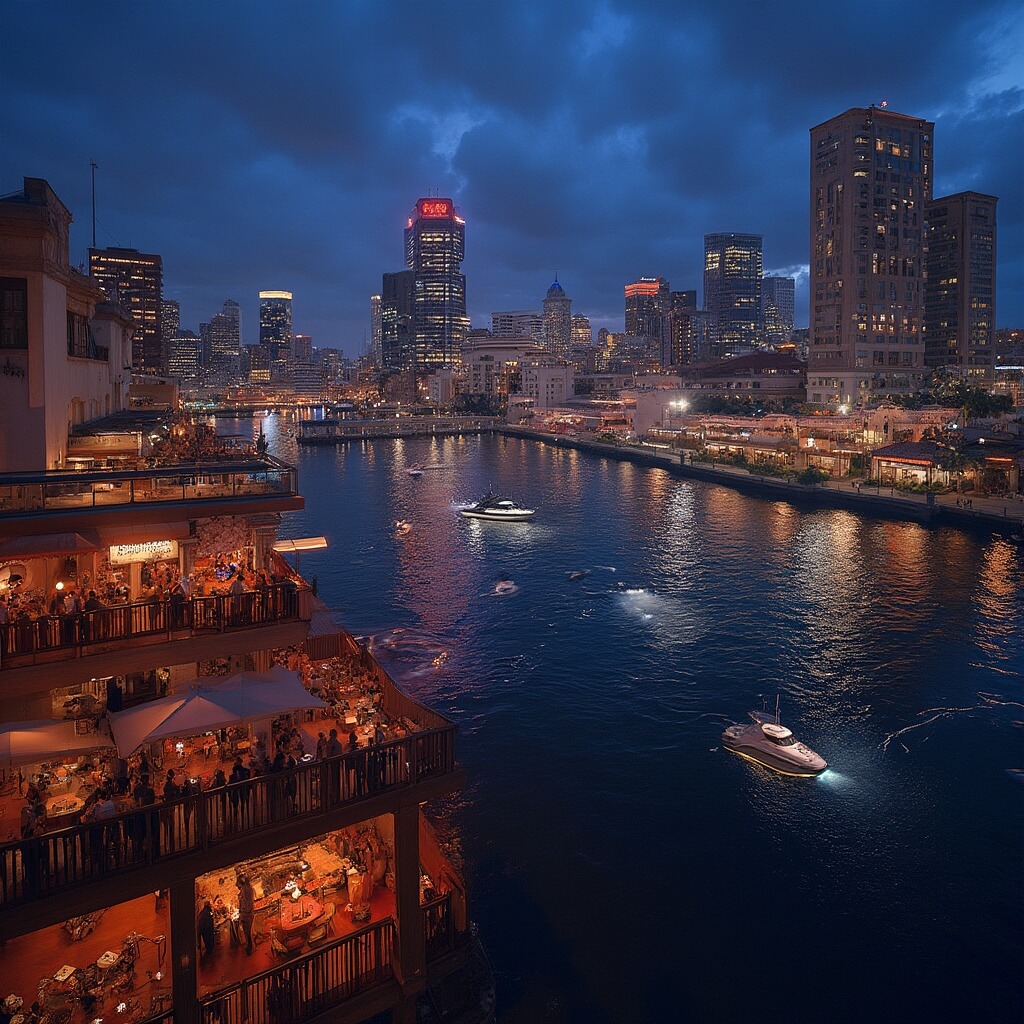 Vibrant night view of Jacksonville skyline, illuminated buildings with rooftop bars full of people, small boats on the St. Johns River, reflecting the lively nightlife energy.