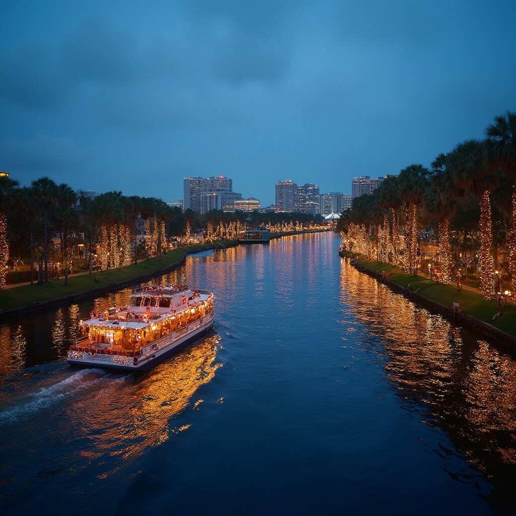 River taxi adorned with holiday lights cruising the St. Johns River at dusk in December, with illuminated Jacksonville skyline and light-wrapped palm trees in the background