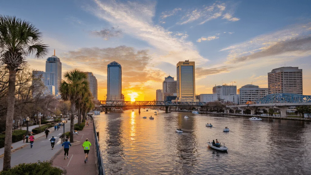 "Runners crossing Main Street Bridge during Gate River Run in Jacksonville, with St. Johns River, boats, Wells Fargo Center, Bank of America Tower, and palm trees at sunset"