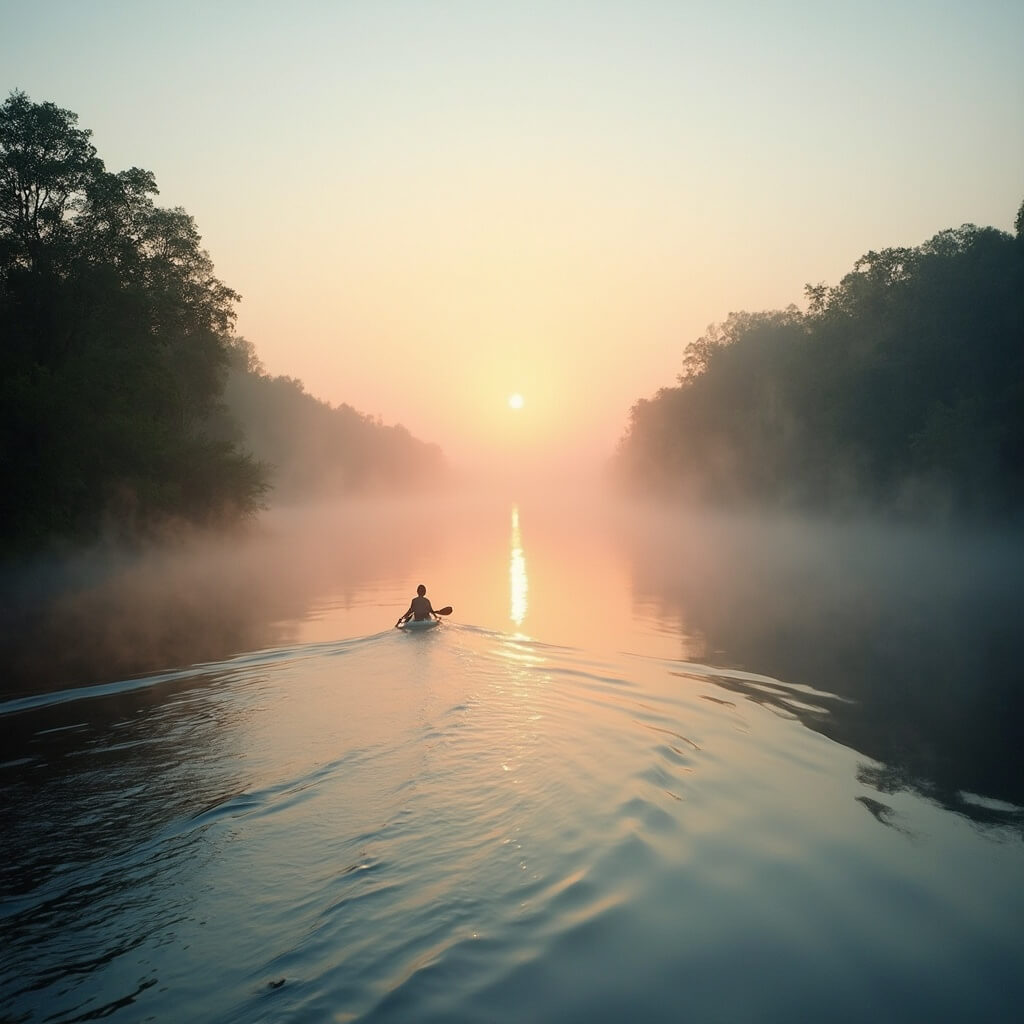 Lone kayaker on the glassy St. Johns River during a misty sunrise in Jacksonville, Florida, with reflective soft orange and pink skies, surrounded by lush greenery along the riverbank.
