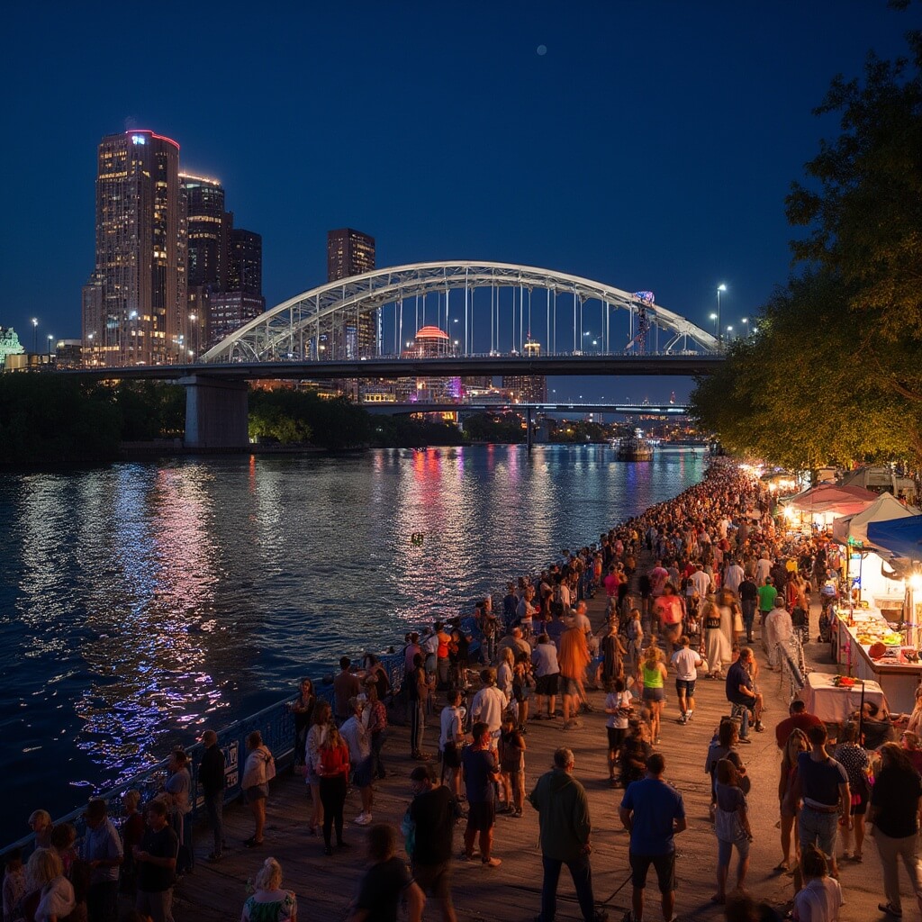 Nighttime festival scene at Jacksonville's waterfront with colorful lights reflecting on St. Johns River, crowds enjoying food and music, and lit-up city skyline with Main Street Bridge in background.