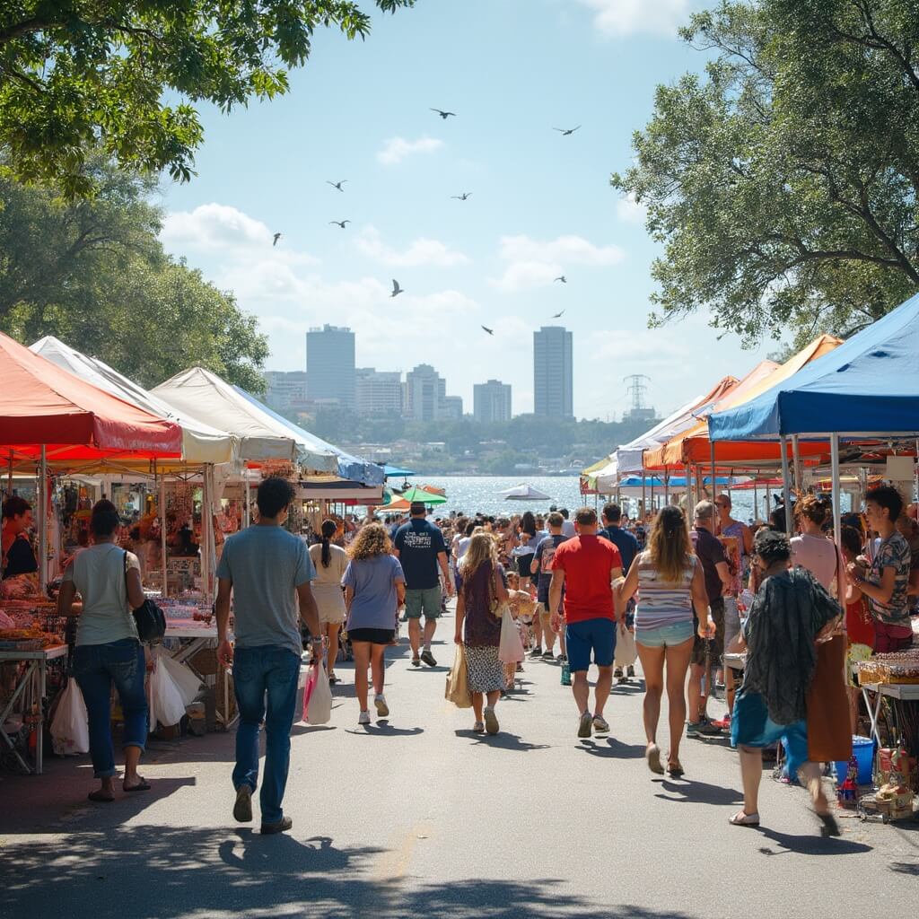 Bustling Riverside Arts Market in Jacksonville on a sunny day with people browsing colorful vendor stalls, street performers entertaining crowd, and Jacksonville skyline in the background over St. Johns River.