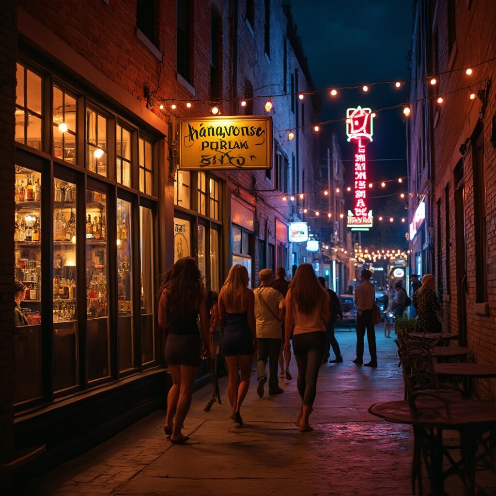 Atmospheric night scene in Jacksonville's Riverside district with historic buildings, bustling craft cocktail bar, stylish young professionals, and a vintage neon sign with a local band setting up at a nearby venue.