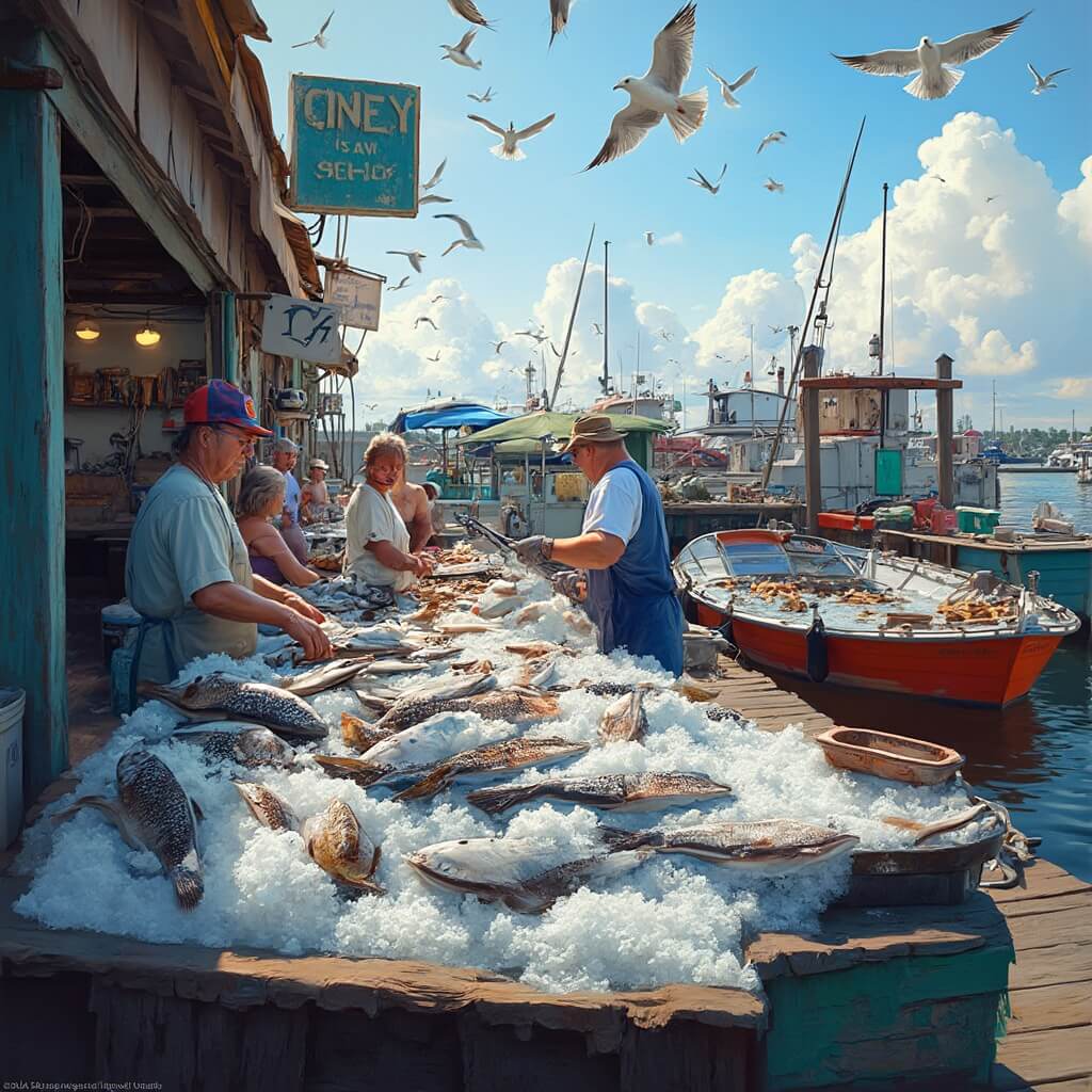 Fishmongers filleting fresh catches at a bustling seafood market near the waterfront in Jacksonville, with colorful fishing boats docked in the background and seagulls circling overhead in the warm afternoon sun.
