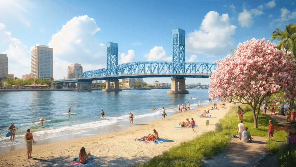 "Vibrant cityscape of Jacksonville in spring, featuring Main Street Bridge, lively beach scene with surfers and sunbathers, blues festival, families at Jacksonville Zoo, and blooming magnolias and azaleas under a sunny sky with few white clouds."