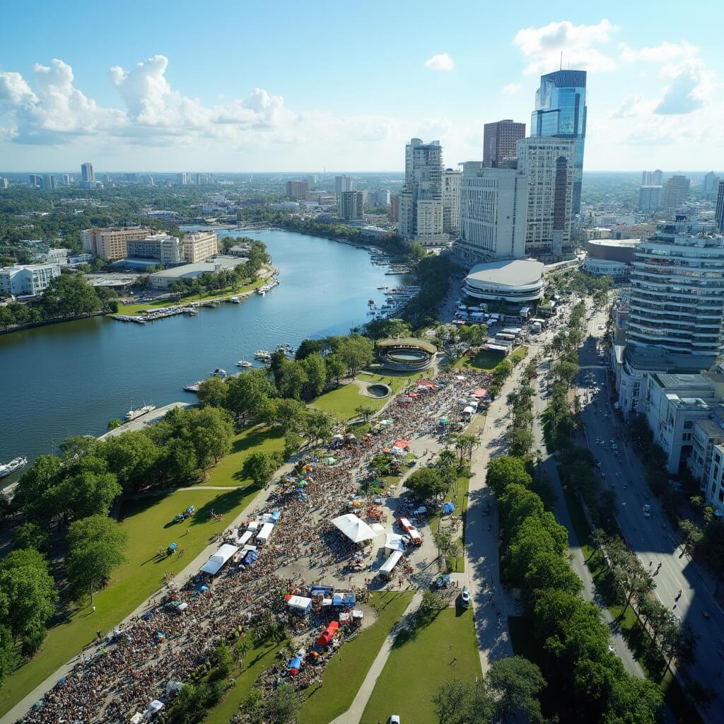 Aerial view of Jacksonville summer festival featuring a crowded park, food trucks, tents, modern cityscape, and St. Johns River with colorful boats