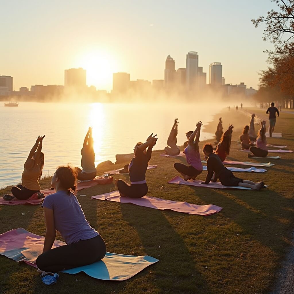 Diverse group practicing yoga on Jacksonville's riverfront during a serene winter morning, with the sun's golden glow casting on the calm river and the city skyline in the background.