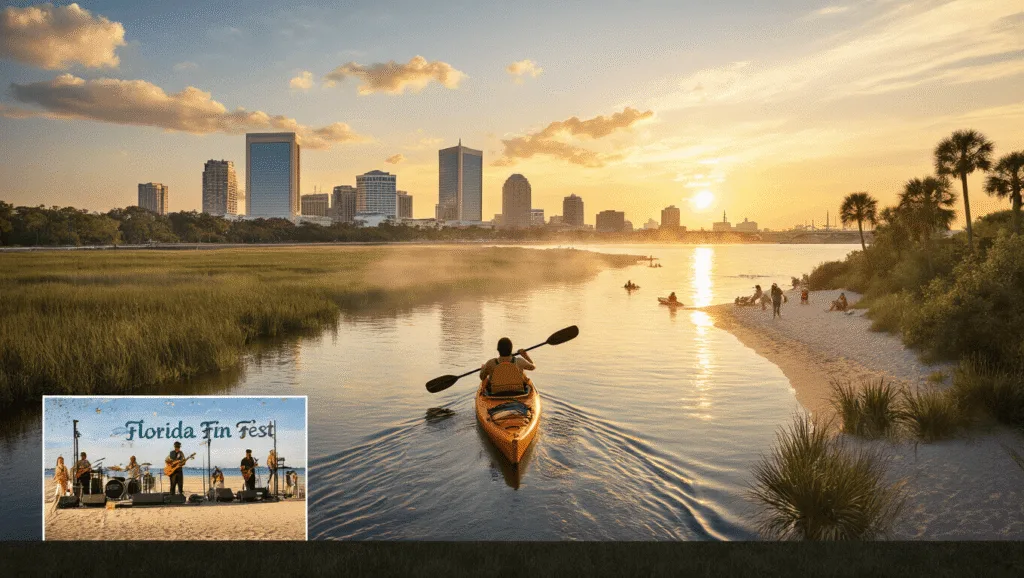 "Kayaker paddling in St. Johns River with Jacksonville skyline at sunset and beachgoers, and Florida Fin Fest inset, in an early fall evening setting."
