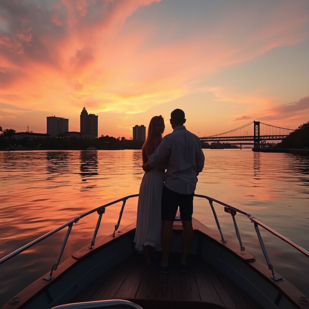 Couple standing on a boat during a tranquil sunset river cruise in Jacksonville with the city skyline, including the Main Street Bridge, silhouetted against a vibrant orange and pink sky, reflected on the calm water surface.
