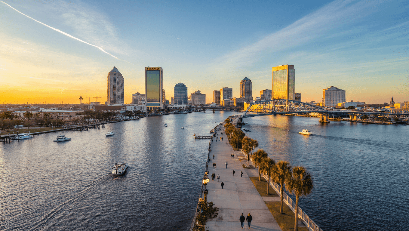 "Aerial view of Jacksonville, Florida featuring the St. Johns River, Main Street Bridge, and downtown skyline during a sunset in January, with people strolling along the Riverwalk and boats on the water."