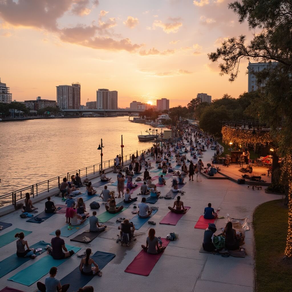 Jacksonville's Riverwalk at sunset in October, reflecting orange and pink hues on the St. Johns River. People participating in an outdoor yoga class, with a nearby stage set up for an evening arts performance and Jacksonville's cityscape as the backdrop.