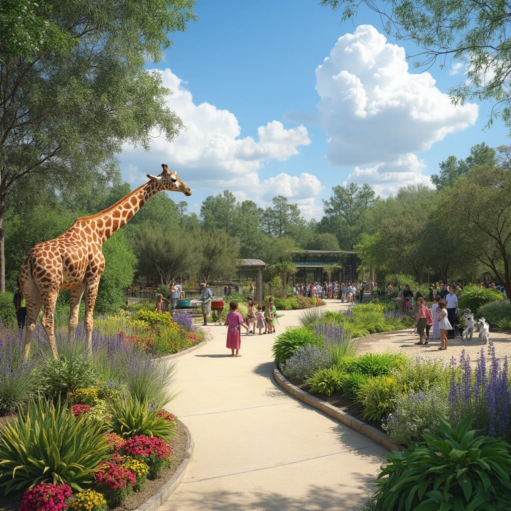 A serene spring day at the Jacksonville Zoo and Gardens with a winding pathway, lush flower beds, a giraffe eating from a tall tree, family observing playful lemurs, and other animal enclosures under a clear blue sky.