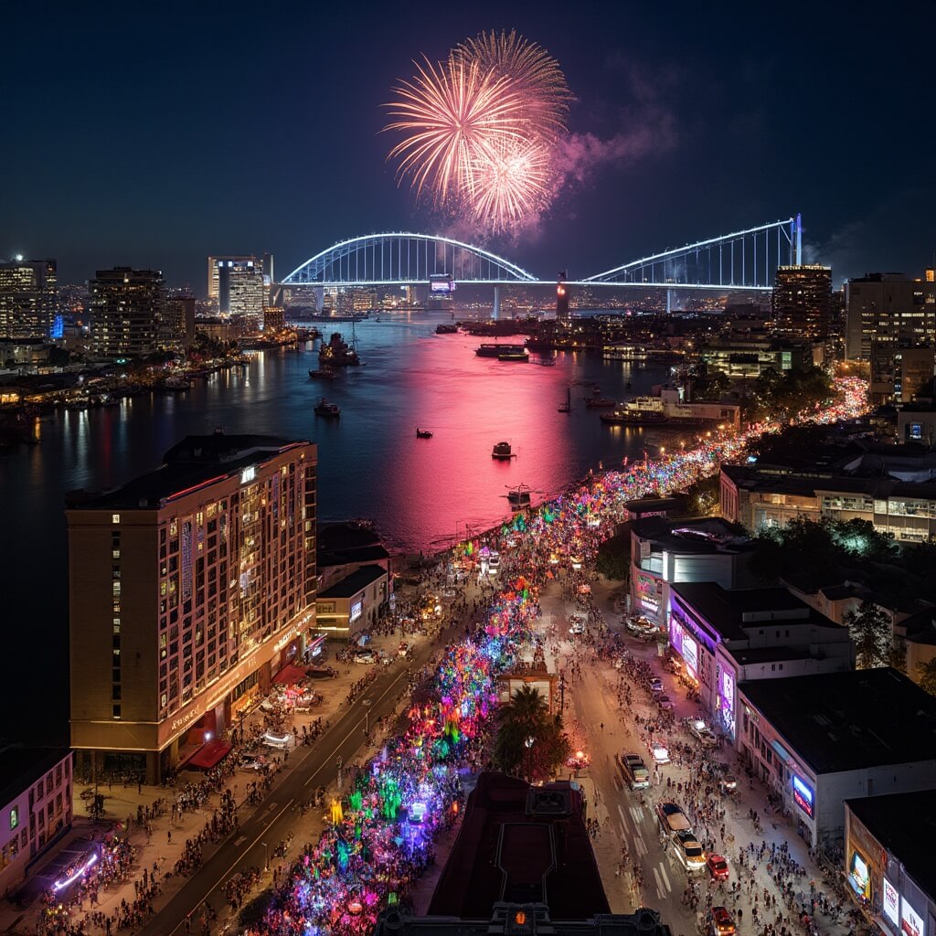 Aerial view of downtown Jacksonville at night during the Jax River City Pride celebration, with colorful reflections on St. Johns River, jubilant crowds, rainbow flags, parade floats, and fireworks over the Main Street Bridge.
