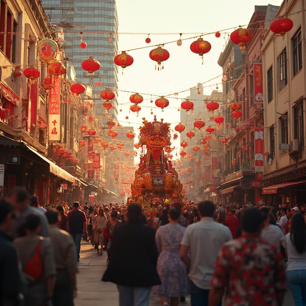 Lunar New Year celebrations in Los Angeles's vibrant Chinatown with a bustling crowd in festive clothing, colorful traditional decorations, intricate dragon parade float, and typical architecture, captured during golden hour lighting