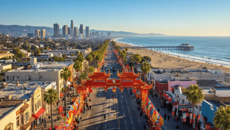 "Aerial view of Los Angeles with Chinatown's Lunar New Year decorations in foreground, downtown skyline, Santa Monica Pier, surfers in the Pacific Ocean, and Griffith Observatory on a clear February afternoon"